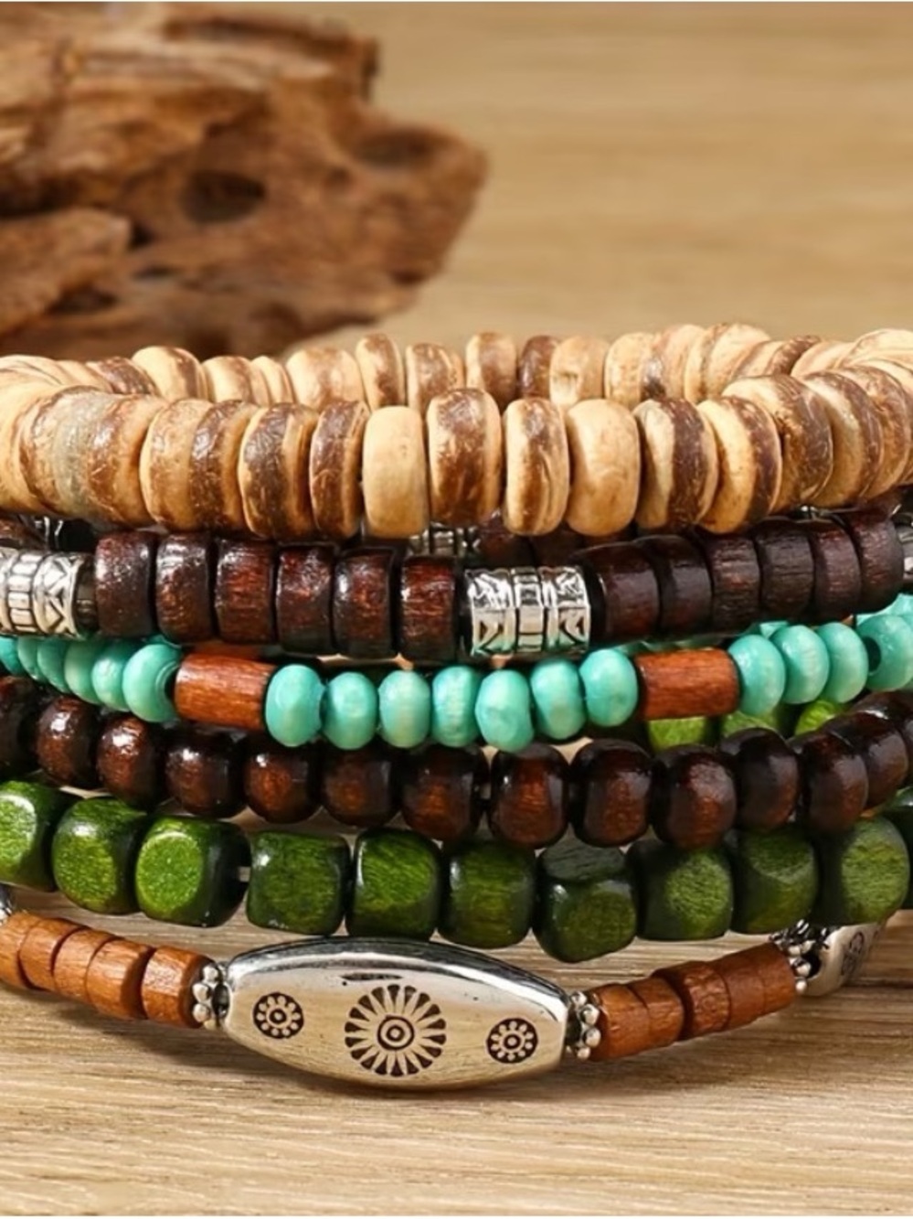 6 pcs SHEIN Green, Brown & Turquoise Layered Beaded Bracelet Set